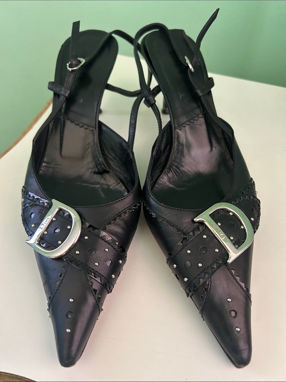 Dior Black Pointed Leather Slingback Heels with Silver D Buckles